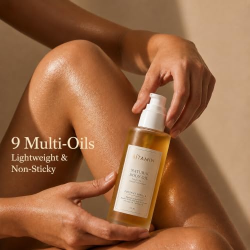 Image of Bitamin Natural Body Oil | Moisturizing 9 Multi Oil Blend for Dry Skin | Men & Women after bath Body massage Oil | Suitable for Stretch Marks & Scar Removal | Vit E Coconut Vanilla | 100ml - Pack Of 2