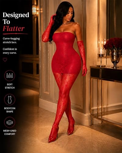 Image of Kafiloe Sexy 2 Piece Outfits for Women Clubwear Lace Tube Mini Dress Top with Stockings Set Birthday Outfits