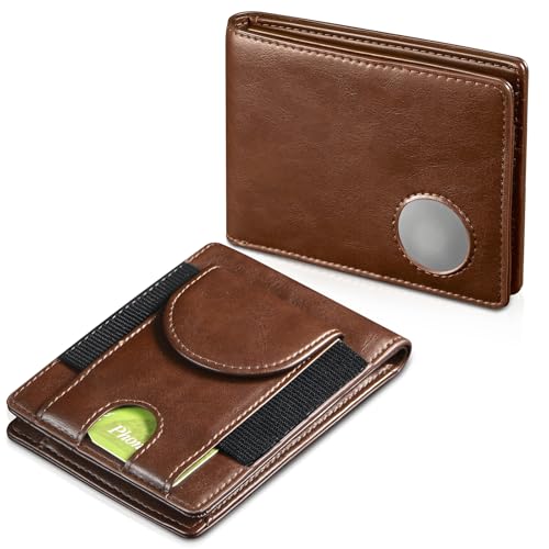 Slim Bifold Leather Wallet for Men: Up for 14 Cards with Hidden AirTag Holder, Bill Compartment & Front Pocket Design, Brown