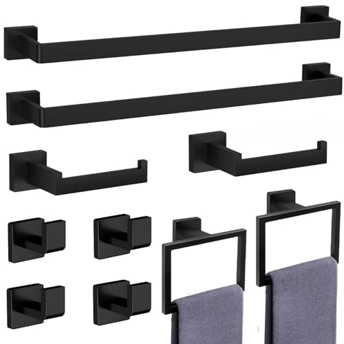 10-Pieces Matte Black Bathroom Accessories Set,Stainless Steel Bathroom Hardware Set, Towel Racks for Bathroom Wall Mounted 23.6 Inch Bath Towel Bar Set.