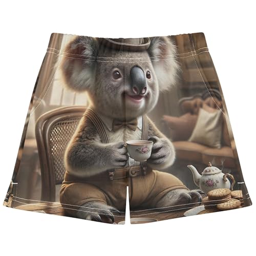 Girls Athletic Shorts Cute Gentleman Koala Vintage Tea Animal Print Comfy Summer Pajamas Youth Kids Clothes, X-Small