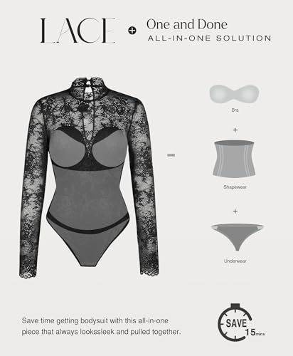 Popilush Long Sleeve Body Suits Womens Tummy Control Open Back Sheer Top Built in Bra Turtleneck Lace Shapewear Bodysuit3