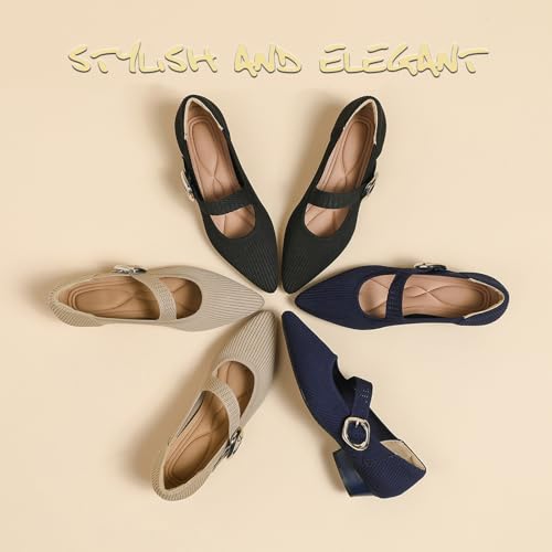 Women's Knit Low Chunky Block Heel Mary Jane Pumps with Adjust Metal Buckle Strap Fashion Closed Pointed Toe Shallow Mouth Slip On Heels Comfortable Casual Business Dress Shoes3