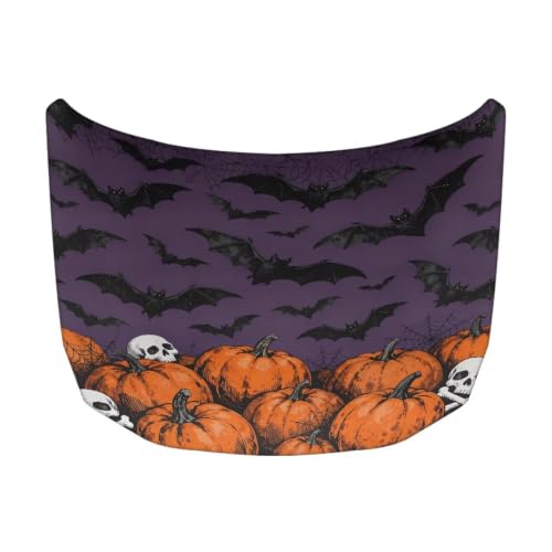 Image of Bat Skull Pumpkin Print Car Hood Cover Easy to Install Fabric Hood Cover Halloween Vehicles Decorate Engine Removable Automotive Accessories Personalized Suitable for Cars(59x39 Inch)