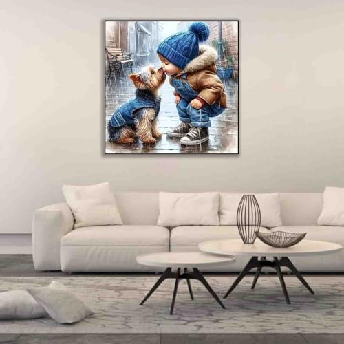 Image of Boy Stamped Cross Stitch Kits for Adults Beginner,Dog Counted Cross Stitch Kits Printed Stitching Cute Patterns Dimensions Needlepoint Art Crafts Embroidery Kits for Adults Beginners (13.7x13.7 inch)