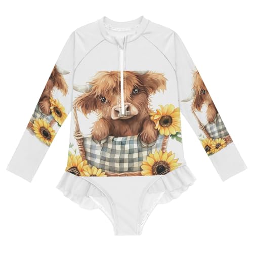 Cute Highland Cow Sunflowers Basket Girls Long Sleeve Swimsuit Rashguard Swimwear One Piece Bathing Suit 21220218