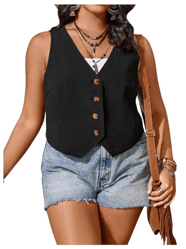 Floerns Women's Plus Size V Neck Button Front Waistcoat Sleeveless Vest Blazer