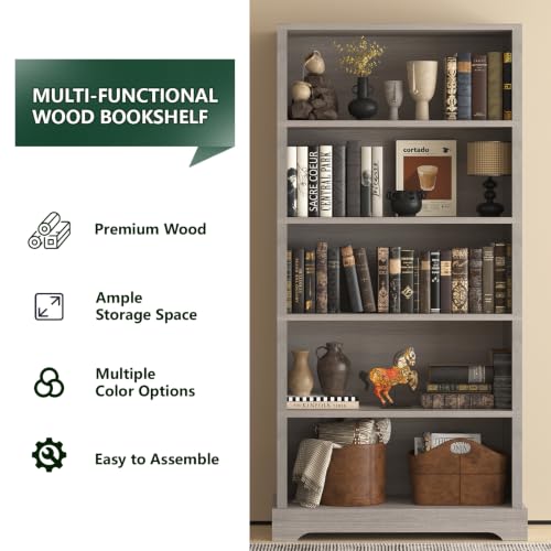 Image of TVU 5-Tier Wooden Bookshelf, 65 inch Tall Farmhouse Style Open Bookcase, 31.5 inch W Standing Book Shelf with Storage, Suitable for Study, Living Room, Office, Grey