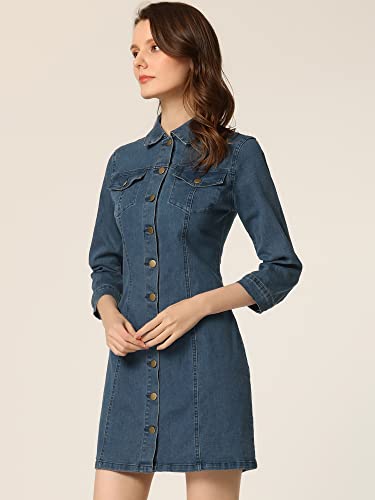 Allegra K Women's Button Down Denim Dress 3/4 Sleeve Summer 2025 Jeans Mini Dress2