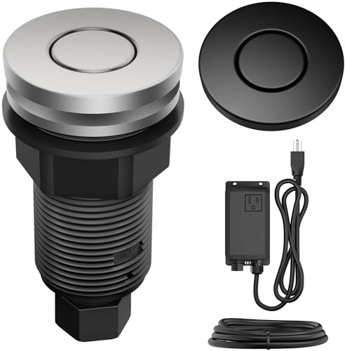 Image of KRAUS Garbage Disposal Air Switch Kit with 2 Flat-Top Push Buttons in Spot-Free Stainless Steel and Matte Black, AC Adapter, Power Cord, and Air Tube Included, KWDA-200MB