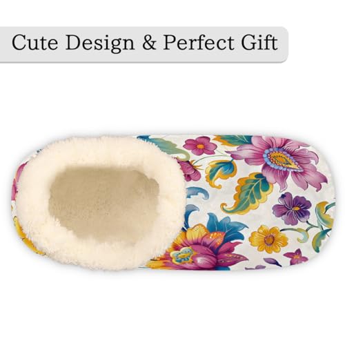 Ethnic Colorful Flowers Floral Slippers for Women Slipper Socks Soft Fuzzy House Slippers Shoes for Indoor Bedroom, Winter Cozy Christmas Gifts3