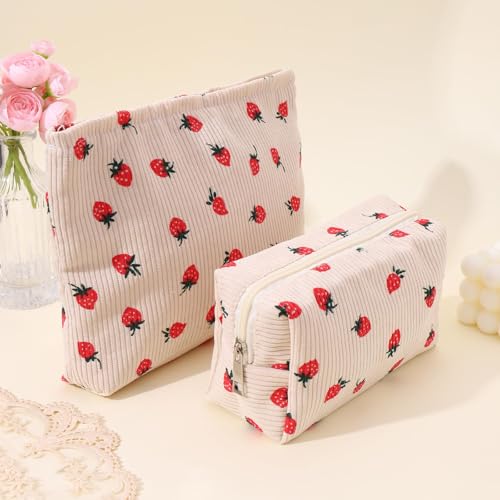 LYDZTION 2PCS Cute Corduroy Makeup Bag Set for Women, Small Travel Toiletry Bag, Coquette Cosmetic Portable Versatile Zipper Pouch - Strawberry4
