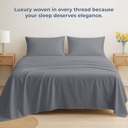 Image of Royale Linens 100% Organic Cotton Queen Flat Sheet Only - Super Soft - Percale Top Sheets - Queen Flat Sheet Sold Separately - Breathable, Cool & Crisp Grey Sheets Only (90 inch x 102 inch, Grey)