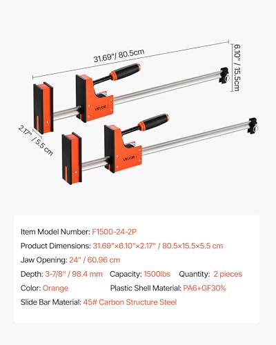 Image of VEVOR Bar Clamps for Woodworking, 2-Pack 24 inch Parallel Clamp Set, F-Clamp with 1500 lbs Load Limit, Even Pressure, High-strength Plastic and Carbon Steel, for Woodworking Metal Working, Orange