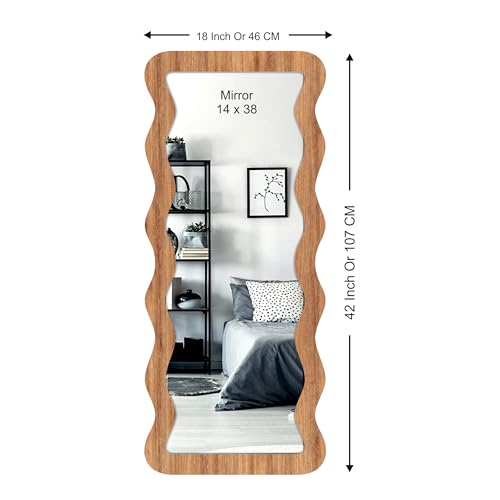 Image of Creative Arts n Frames 18x42 inch Long Wooden Irregular Curve Zigzag Shape Wall Hanging Wall Mount Full Length HD Mirror Home Decor Items (Natural Iqurel Oak Zigzag 2)