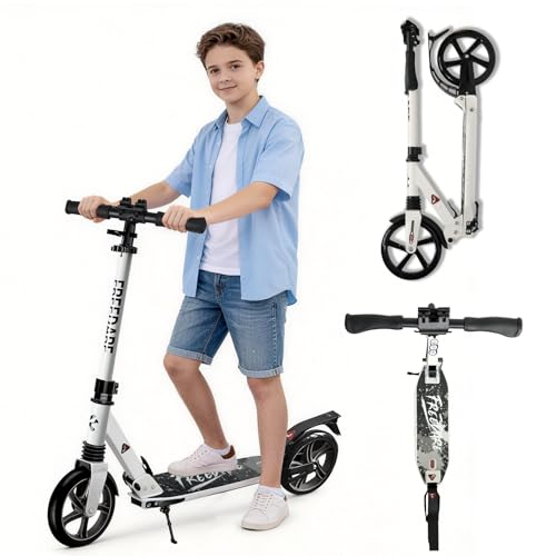 FREEDARE Kick Scooter für Kinder 8-12, 200mm Big Wheels Foldable Scooter für Jugendliche und Erwachsene, 4 verstellbare Höhe, Frontfederung, 2 Räder Scooter Weiß