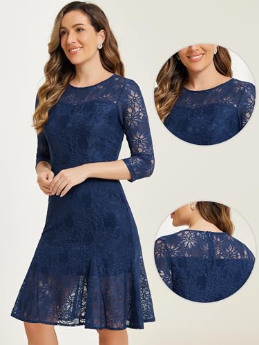 Image of Allegra K Women Elegant Lace Ruffles 3 /4 Sleeves Bodycon Fishtail Dress | Slightly stretchy. Invisible zipper. Floral ruffled hem. Cocktail, Evening, Party, Date. Feminine charm.