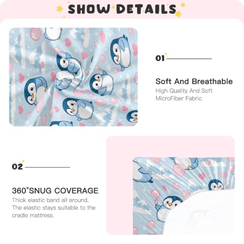 Image of Crib Sheet Breathable Soft Crib Mattress Sheet for Baby Toddler Boys Girls Fitted Pack n Play Crib Sheet Fit Standard Crib Mattress 52 x 28 Inch Blue White Penguin Love Mountain
