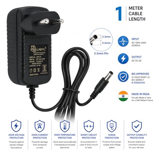 Image of LRIPL 12V 1Amp Power Adapter with 2.5mm Pin 1 Meter Cable | Heavy Duty SMPS Converter Supply for Router, CCTV, DVR, NVR, Set Top Box & LCD Monitor & Electronic Devices - BIS Certified