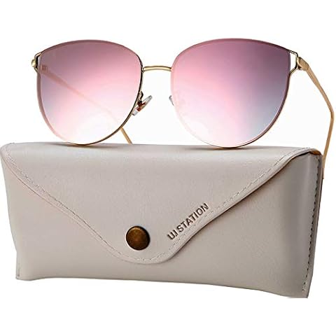 U.I STATION Oversized Mirrored Sunglasses for Women, Cat Eye Sunglasses, Rimless Sunglasses with Sunglasses Case (pink), Large Cover