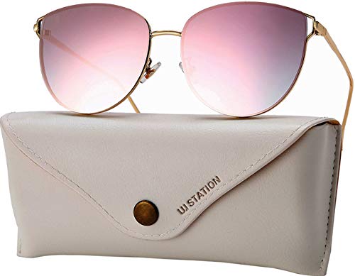 Oversized Mirrored Sunglasses for Women, Cat Eye Sunglasses, Rimless Sunglasses with Sunglasses Case (pink)