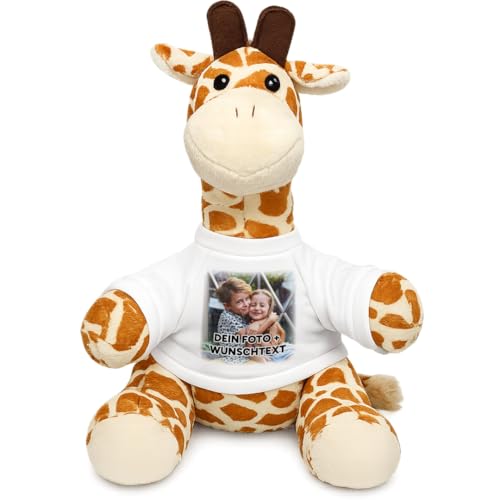 Kuscheltier Giraffe personalisiert – Flauschiges Plüschtier mit weißem T-Shirt zum Bedrucken – Weicher Teddybär für Babys & Kinder – Geschenk zur Geburt & Geburtstag
