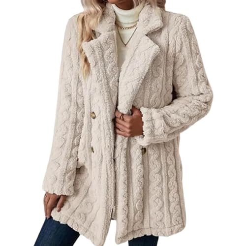 Winter Women's 2023 Double Breasted Lapel Neck Flannelette Coat, Long Cardigan Faux Fur Warm Outwear Jackets
