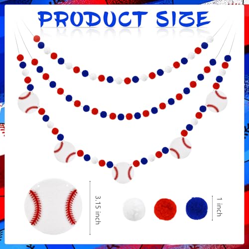 Image of 3 Pcs Baseball Decorations Baseball Felt Garlands Pre-Strung Hanging Banner Red Blue White Pom Pom Happy Party Supplies for Baby Shower Birthday Party