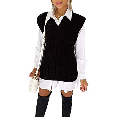 Loxdonz Women's V Neck Sleeveless Jumper Cable Chunky Knitted Vest Tank Top Sweater (X-Large, Black) Cover
