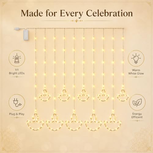 Image of Desidiya Diya Curtain LED Lights | 10 Drops Warm White Fairy Lights | 111 bright SMD LEDs with elegant diya curtain design for festive decoration.