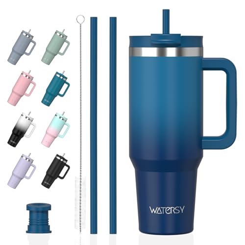 WATERSY 1.2L Thermobecher mit 2 Strohhalmen, Trinkbecher Auslaufsicherer Kaffeebecher To Go Vakuum-Isoliert mit BPA frei Schraubdeckel, Trinkflasche Kühlt 12 Stunden,Tiefseelndigo