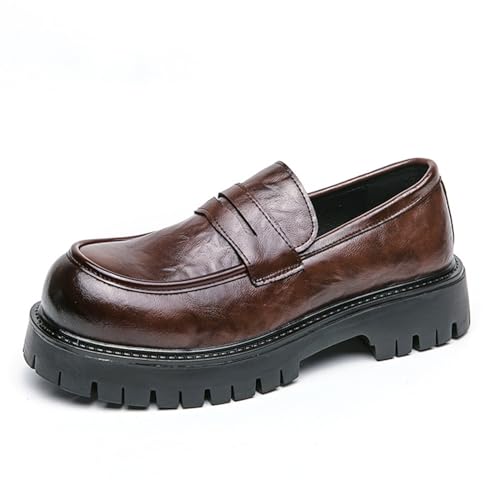 Men's Comfortable Soft Leather Platform Chunky Loafers Fashion Business Casual Formal Work Shoes Retro Round Toe Anti-Slip Lug Sole Slip-On Penny Loafers
