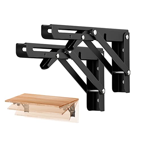 Image of Ravinte 2 Pack 8 Inch Folding Shelf Brackets - Matte Black, Heavy Duty Collapsible Brackets for Tables and Benches - Space-Saving Design