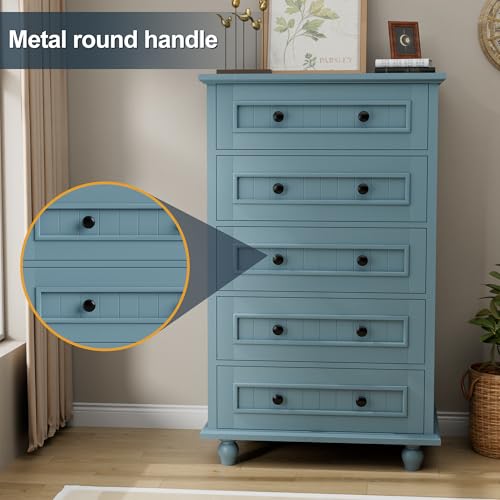 Image of 42.7'' Tall 5 Drawer Dresser for Bedroom, Vintage Blue Wood Storage Chest | Farmhouse Dresser for Closet, Wood Storage Cabinet, Antique Roman Column Legs, Painted Finish, Easy Assembly, Anti Tipping