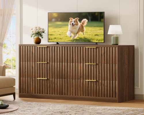 Image of TEENFON Fluted 6 Drawer Dresser for Bedroom, Wide Modern Chest of Drawers with Metal Handle, Curved Profile Design, Wood Closet Clothes Storage Organizer for Bedroom, Hallway, Walnut