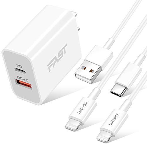 20W PD iPhone Fast Charger, LUOSIKE USB C Charger Block Power Delivery Wall Plug with 2X 6FT Lightning Cable Fast Charging for iPhone 12/11 /Pro Max/Mini, XS XR X 8 Plus SE2 (Pack-3)