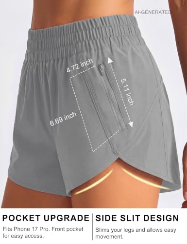 Image of BMJL Women's Athletic Shorts Running Workout Shorts Gym High Waisted Summer Short with Waistband Pocket | built-in liner,thick elastic waistband,split side,comfy fabric,zipper pocket,longer back,workout,athletic,curved back line