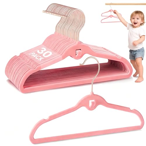 Image of Baby Velvet Stackable Hangers 30 Pack, 11 Inches Pink Kids Clothes Hangers for Closet, Non Slip Toddler Infant Hanger for Nursery, Thin Space Saving Children Felt Hanger with 360° Swivel Hooks