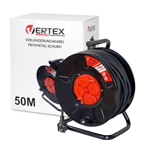 Vertex Cable Reel Pb50 Metal Ip44 Schuko Earth 4 Sockets Durable High Quality Cable Thermal Fuse Indoor Outdoor