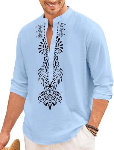 Image of FINIVO FASHION Men's Cotton Blend Short Kurta with Bold Printed Front Design | Full Sleeve Ethnic Casual Kurta with Mandarin Collar | Artistic Festival & Travel Wear for Modern Ethnic Style