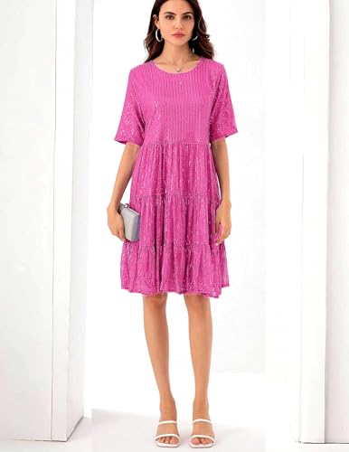 Image of Sequin Babydoll Summer Dress,Sparkly Glitter Dress Short Flowy Tiered Tunic Dress for Women Party Club Night