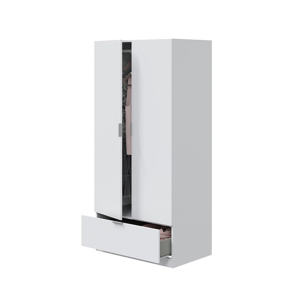 Dmora Guardaroba 2 Ante Westbrook 51x170h cm Bianco Appendiabiti un Ripiano, Armadio Camera da Letto un Cassetto