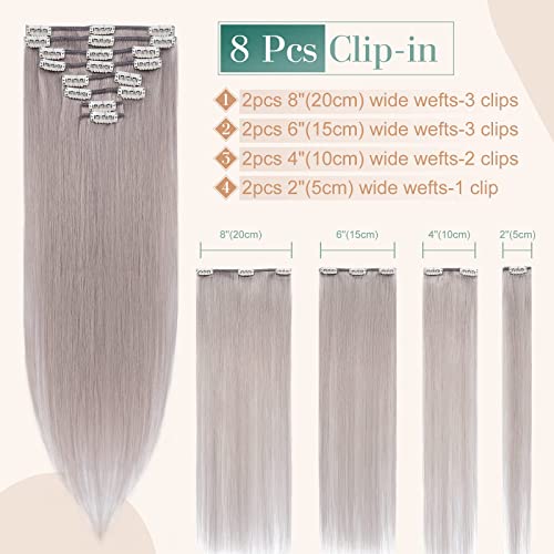 Image of Benehair 8pcs 14inch Clip in Hair Extensions Real Human Hair Clip on Double Weft Remy Soft Silky Straight Natural Highlighted Grey
