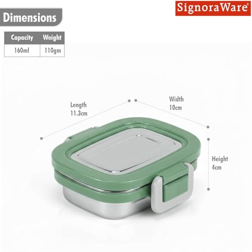 Image of Signoraware Lock N Store Stainless Steel Containers | Airtight & Leakproof | Compact & Durable | Ideal for Snacks, Kids, Travel, Office, School & Outdoor Use (160ml | EGreen)