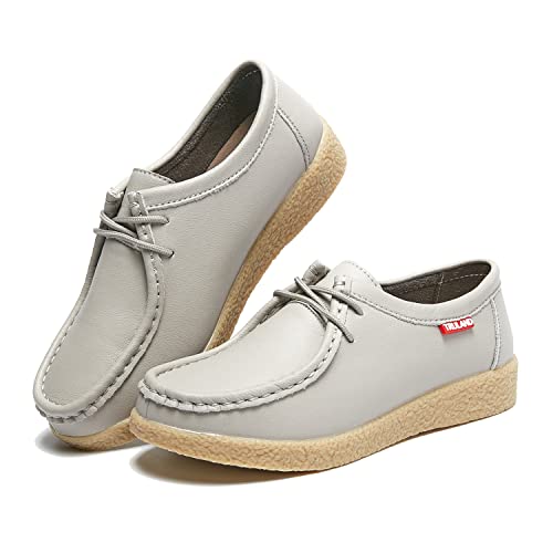 Image of TRULAND Women's Casual Moccasin Shoes - Suede Leather Lace Up Flat Wallabees Oxford Shoes, Light Grey Leather, 5.5 UK