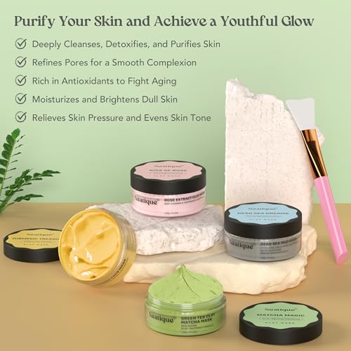 Neatique-Face-Masks-Skincare-Set-480g-120gx4-High-Capacity-Facial-Mask-Clay-Mask-Set-with-Turmeric-wVitamin-C-Green-Tea-Rose-and-Dead-Sea-Mud-Deap-Cleansing-Hydration-and-Pore-Refinement
