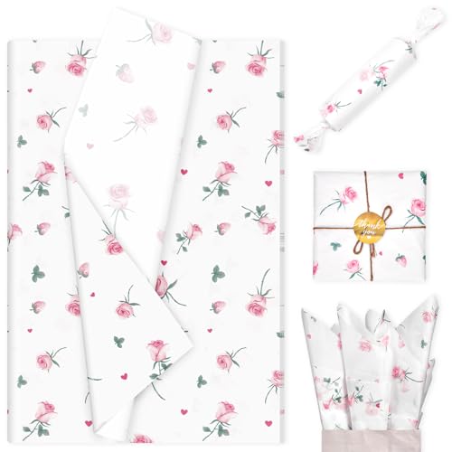 60 Sheets Rose Floral Gift Wrapping Tissue Paper 20x14 Pink Flower Printed Gift Wrapping Paper for Baby Shower Spring Birthday Wedding Packaging Holiday Tea Party Decor