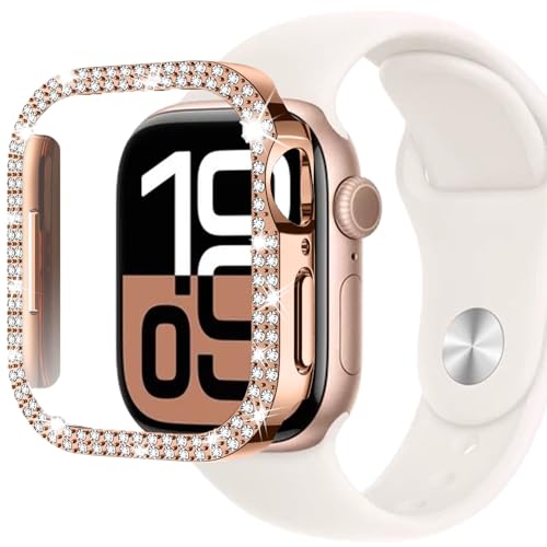 CIOODDW for アップルウォッチ10 カバー 42mm 46mmキラキラ 超簿軽量 耐衝撃 キズ防止 簡単に取り付け・取 全面保護 apple watch 10 カバー 金属 ダブルダイヤモンド アップルウォッチ 飾りフレーム Series 10に対応 オシャレ レディース ローズゴールド 42mm（液晶フィルムなし）