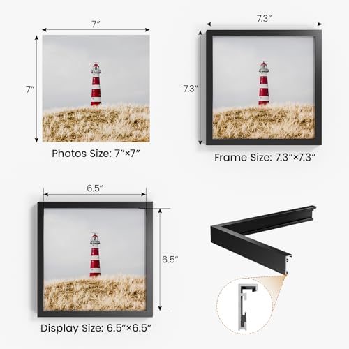 Image of 7x7 Aluminum Metal Picture Frame,Tempered Glass Black Photo Frame 7x7 for Family Photo,Posters,Art,Document to Wall Mount Horizontally or Vertically