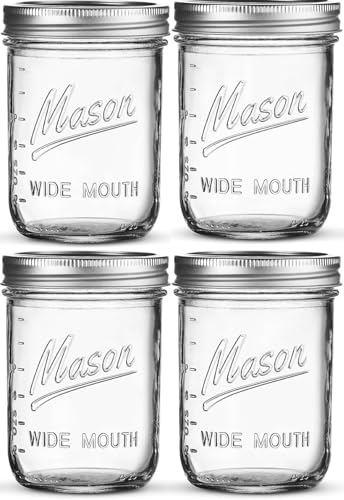 Premify 4 Pack Wide Mouth Mason Jars with Lids 16oz Glass Jars Overnight Oats Jars with Lids Perfect For Canning Fermenting Pickling And Jar Decor Microwave Freezer & Dishwasher Safe